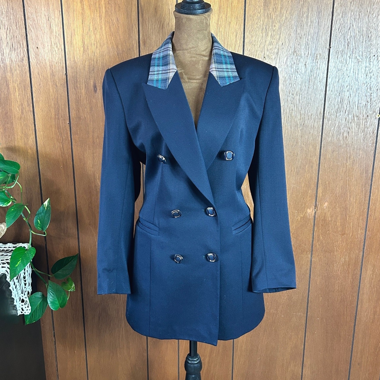 Vintage Rongda Navy Blue Double Breasted Blazer Plaid Collar Academia Classic